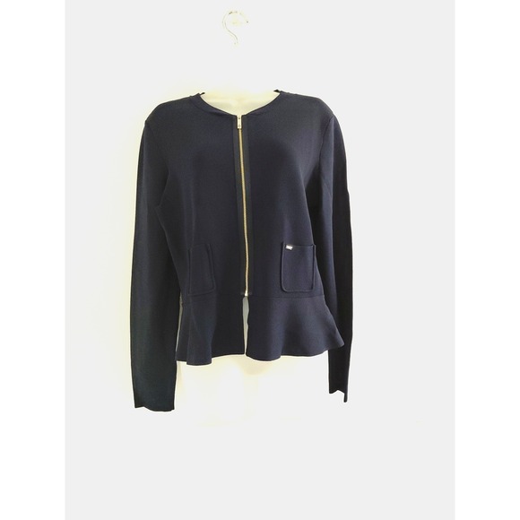 Tommy Hilfiger Sweaters - Tommy Hilfiger Sweater Large Navy Blue Peplum Zip Front Liquid Knit Preppy Class
